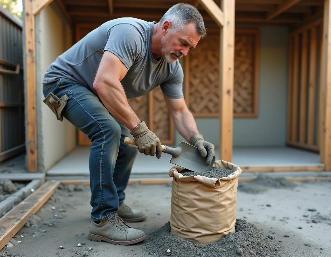 Homme dosant du béton avec une pelle depuis un sac de 35 kg sur un chantier de dalle béton en extérieur