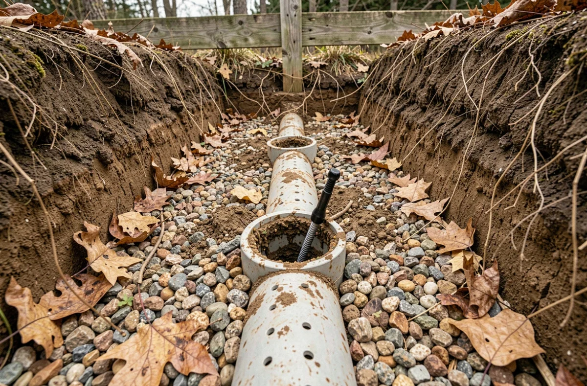 Vue rapprochée d'un drain de fosse septique colmaté avec tuyaux perforés et couche de biomat dans le sol