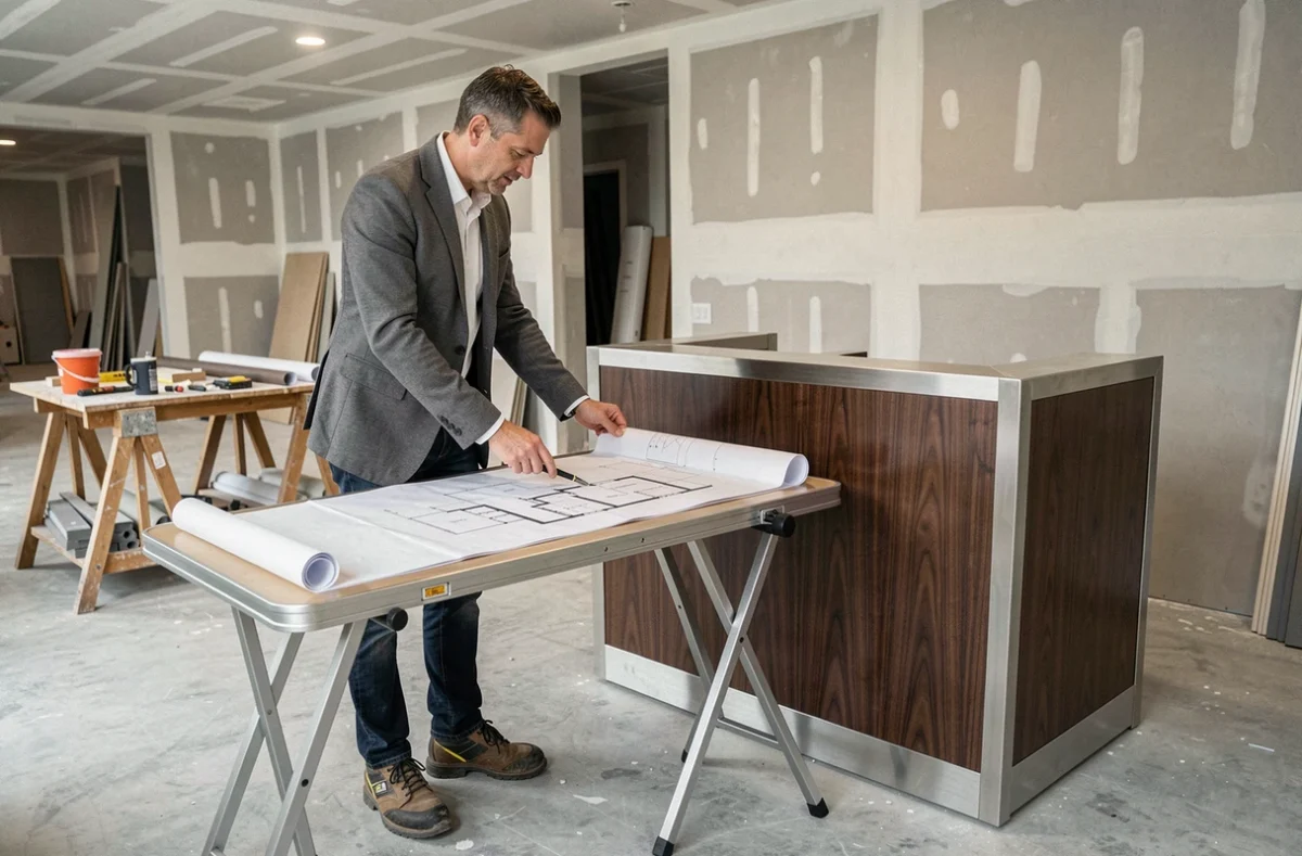 Chef de projet de Dussurget Menuiserie-Agencement supervisant l'installation d'un mobilier sur mesure dans un espace commercial