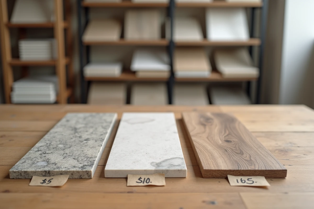 Échantillons de matériaux de terrasse avec étiquettes de prix : pierre naturelle, carrelage et bois exotique comparés au m2
