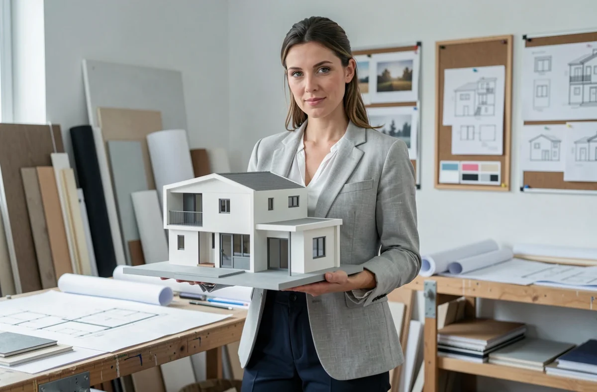 Architecte d'ED Atelier Maisons présentant une maquette de projet de construction dans son atelier