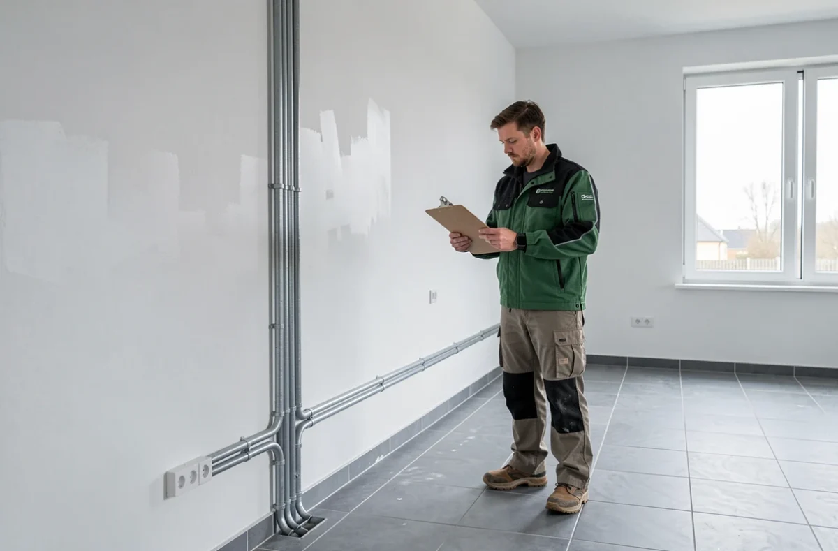 Technicien Elec-Tree-City inspectant des murs peints en blanc et des conduits électriques dans un espace commercial moderne en Normandie