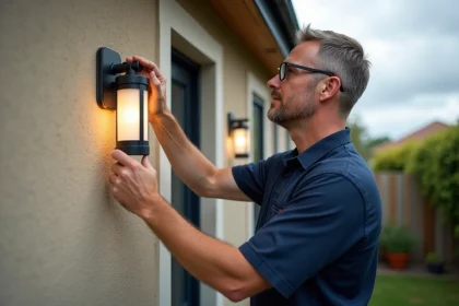 Électricien installant un luminaire extérieur classé IP44 sur un mur de maison résidentielle