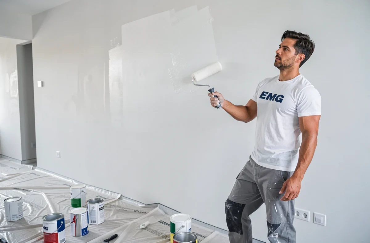 Artisan peintre EMG Peinture appliquant une peinture blanche avec un grand rouleau sur un mur intérieur en plâtre d'une maison neuve