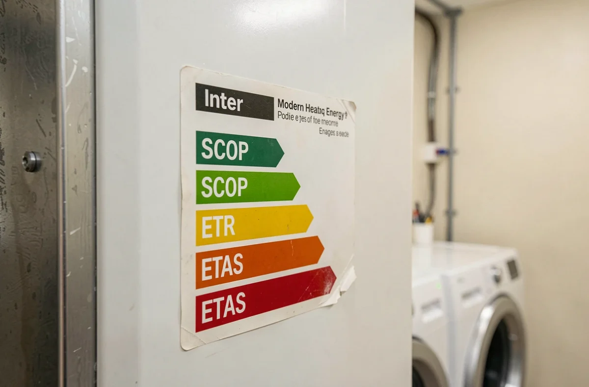 Étiquette énergétique d'une pompe à chaleur affichant l'indicateur ETAS et la classe d'efficacité saisonnière SCOP