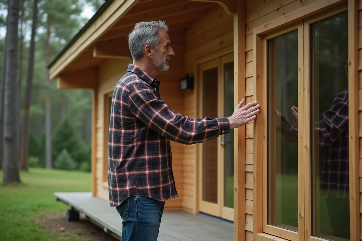 Homme examinant la façade d’un chalet en bois naturel