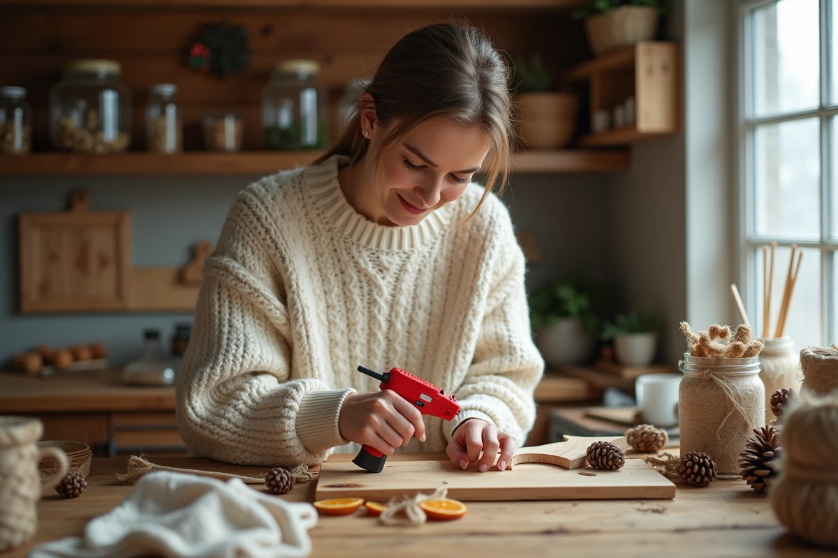 Femme en pull crème fabriquant un renne de Noël en bois dans une cuisine rustique avec des matériaux naturels