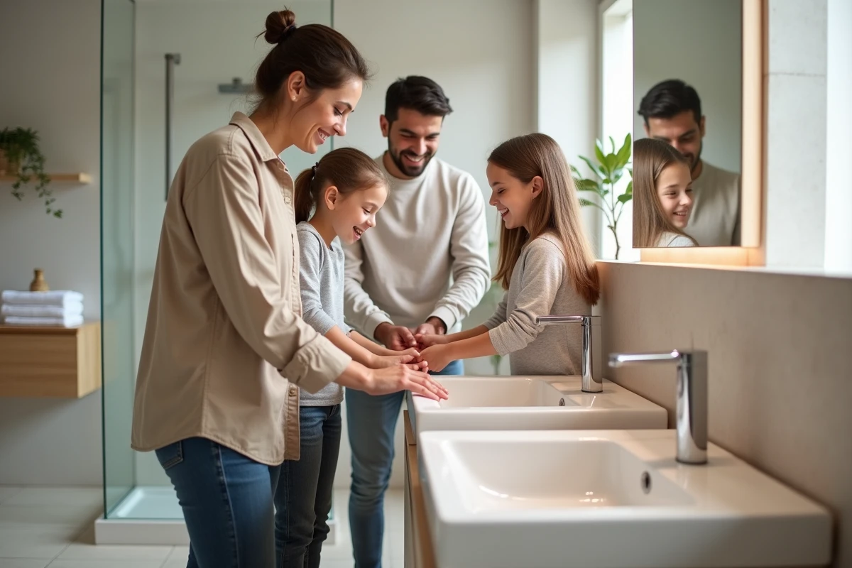 Famille de quatre dans une salle de bain moderne se lavant les mains