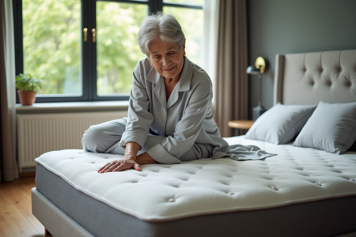 Femme agee testant un matelas dans une chambre moderne