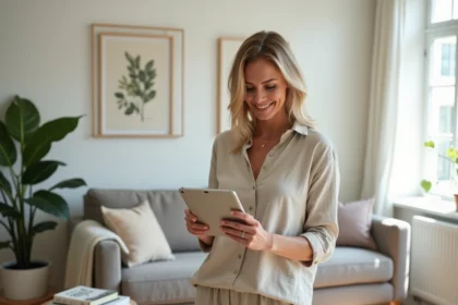Femme utilisant une application de décoration intérieure sur tablette dans un salon familial moderne et chaleureux