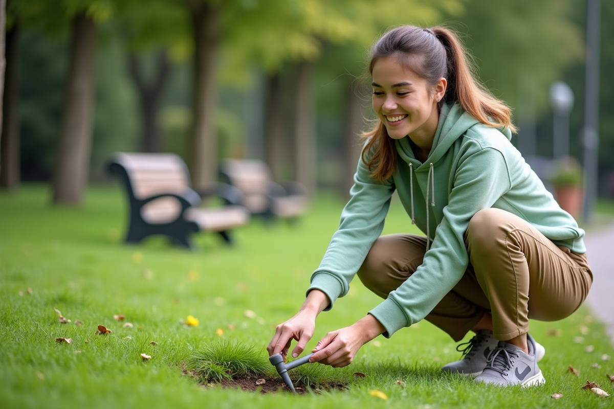 Jeune femme en vert arrachant des mauvaises herbes