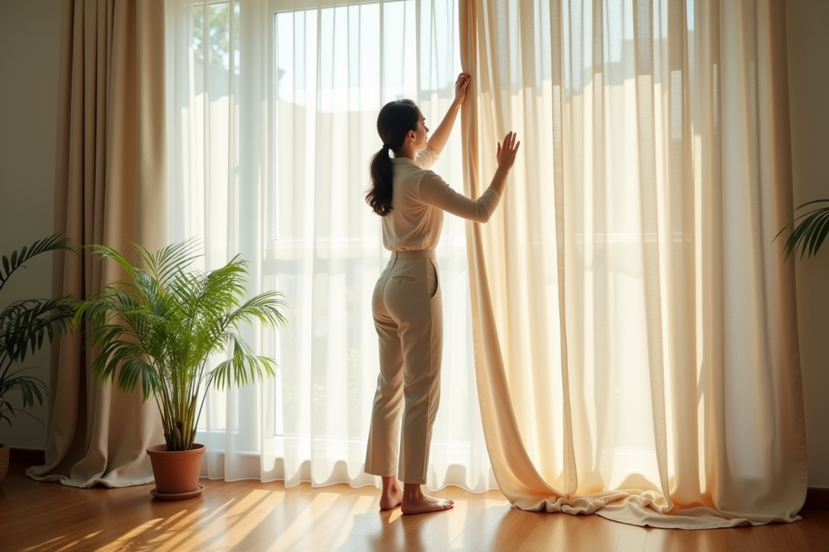 Femme arrangeant des rideaux ivoire dans un salon lumineux