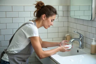 Femme versant du bicarbonate de soude dans le siphon d'un lavabo de salle de bain pour déboucher un évier