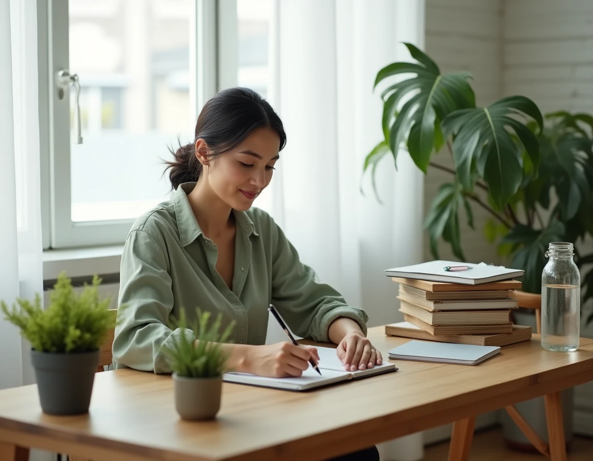 Jeune femme concentrée dans un bureau à domicile écologique en brique blanche avec fougère et accessoires durables