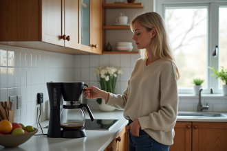 Femme préparant du café dans une cuisine moderne
