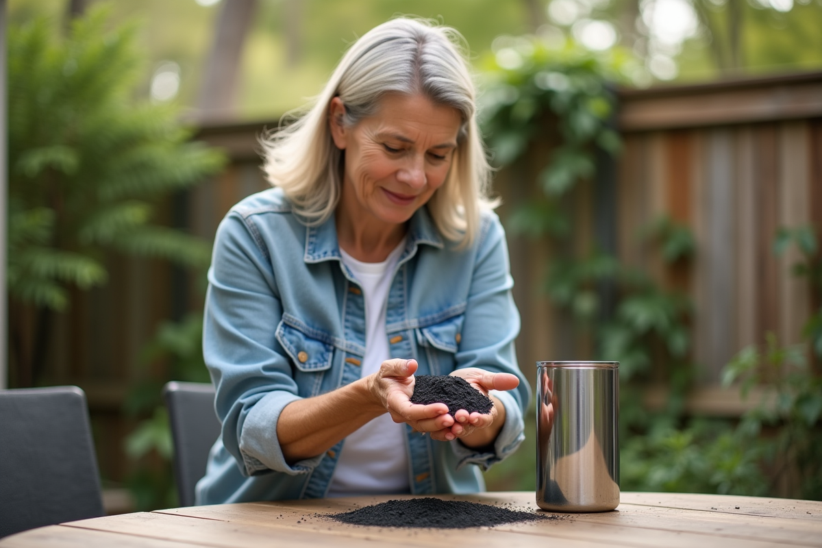 Femme examinant du charbon actif avec filtre à eau en extérieur