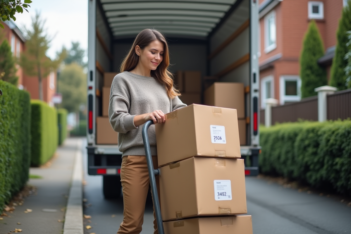 Femme chargeant des caisses dans un camion de déménagement