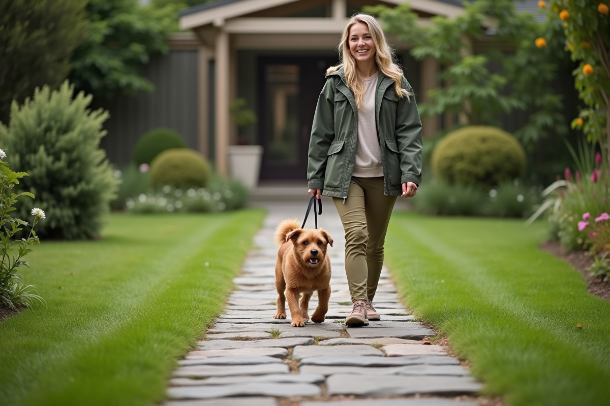 Jeune femme marchant avec son chien sur un chemin en pierre