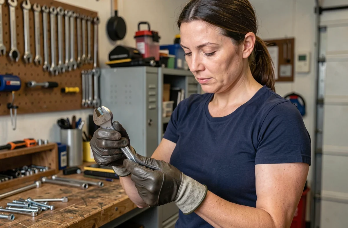 Femme tenant une clé à molette autour d'un boulon dans un atelier de bricolage, observant le sens de dévissage