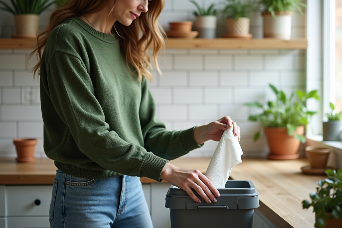 Femme déposant un papier dans un composteur en cuisine