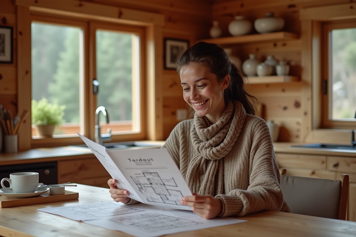 Jeune femme regardant un plan dans un intérieur chaleureux
