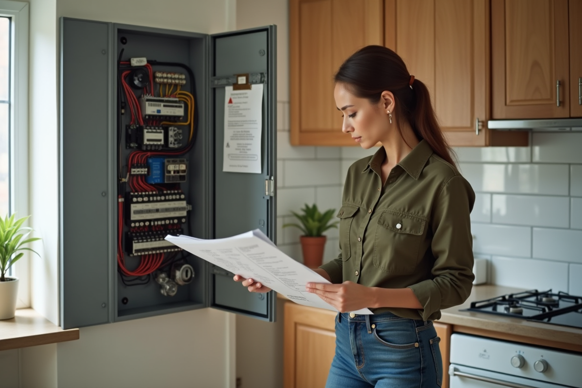 Femme dans sa cuisine consulte un diagramme électrique avec un panneau ouvert