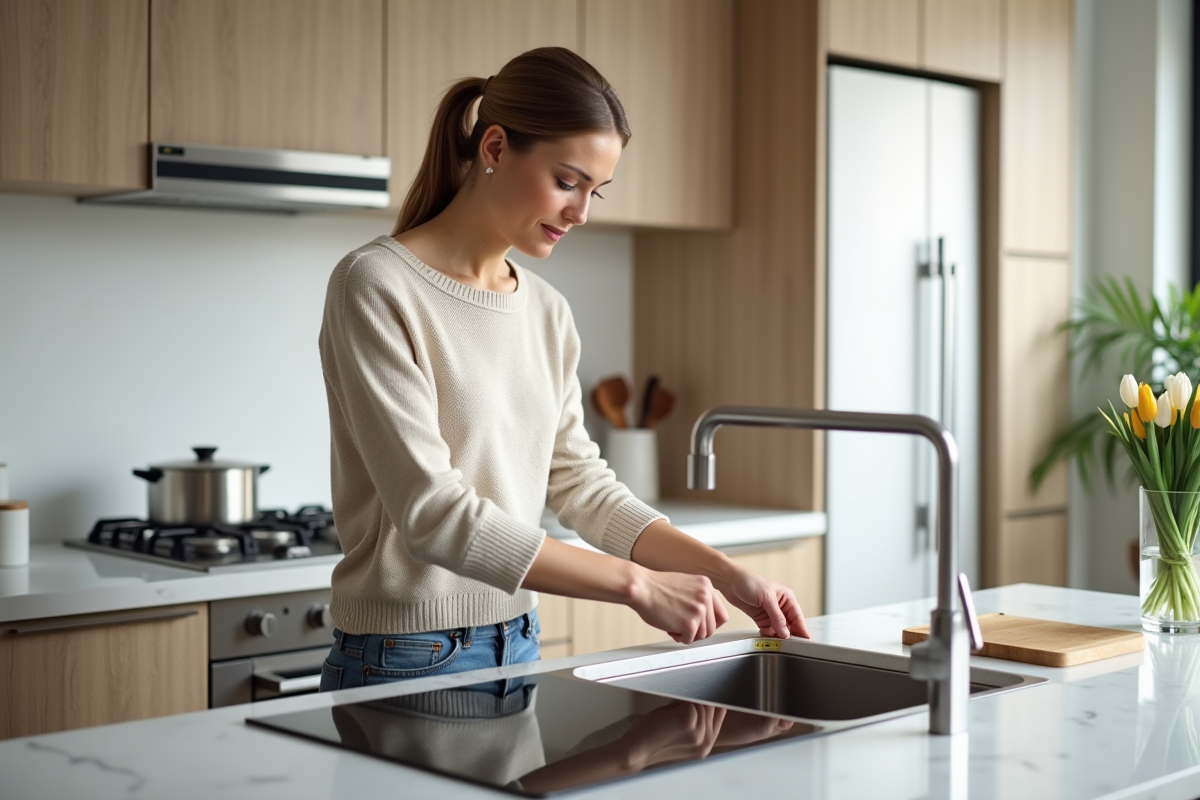 Femme mesurant l'espace entre évier et plaque induction