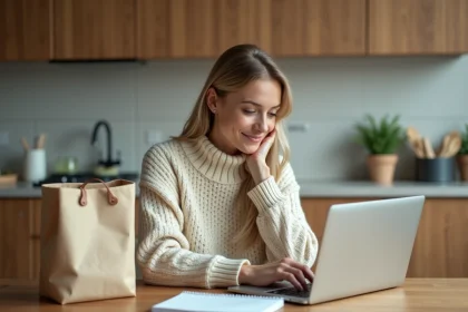 Femme en cuisine vérifiant sa liste de courses sur ordinateur