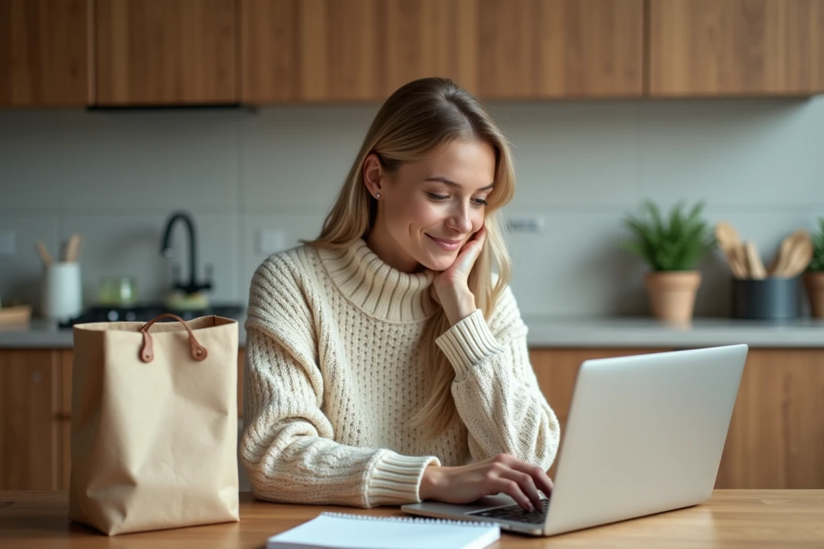 Femme en cuisine vérifiant sa liste de courses sur ordinateur
