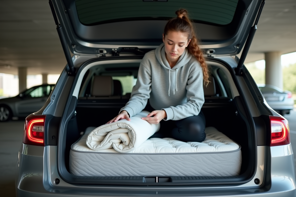 Femme déballant un matelas dans un parking souterrain