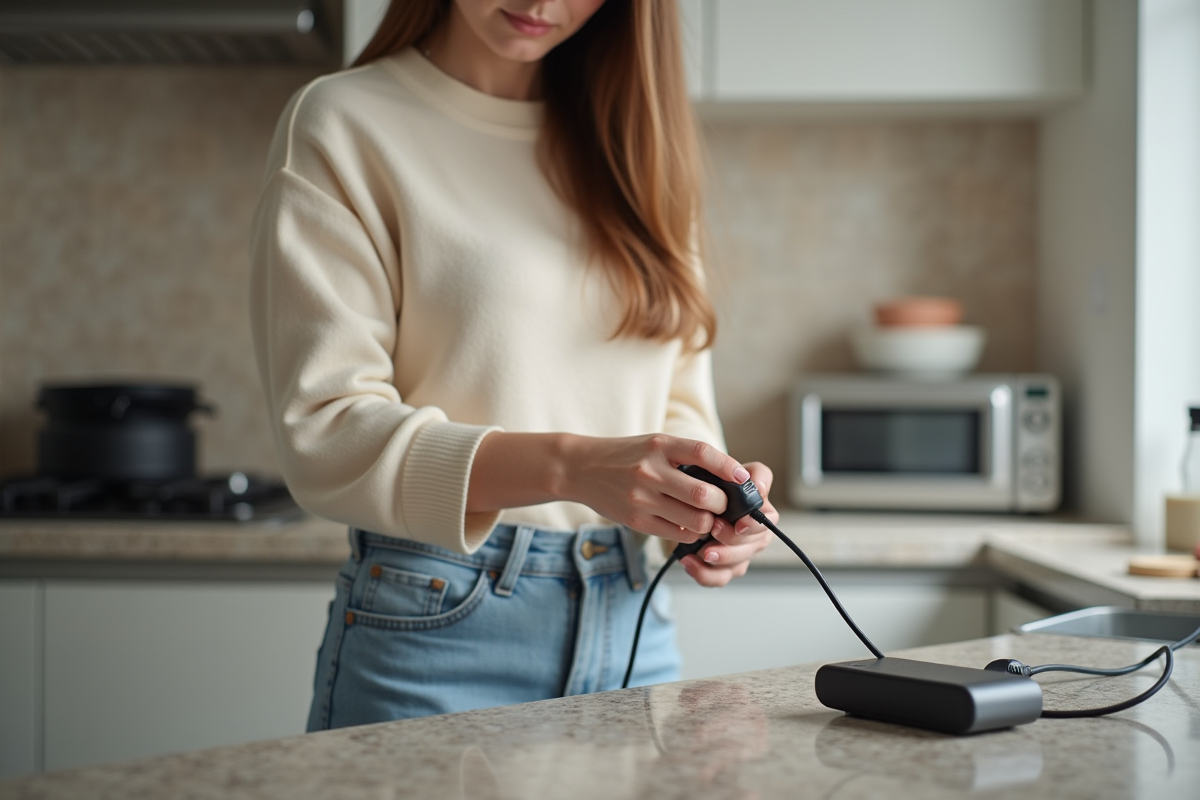 Jeune femme débranchant une multiprise dans la cuisine domestique