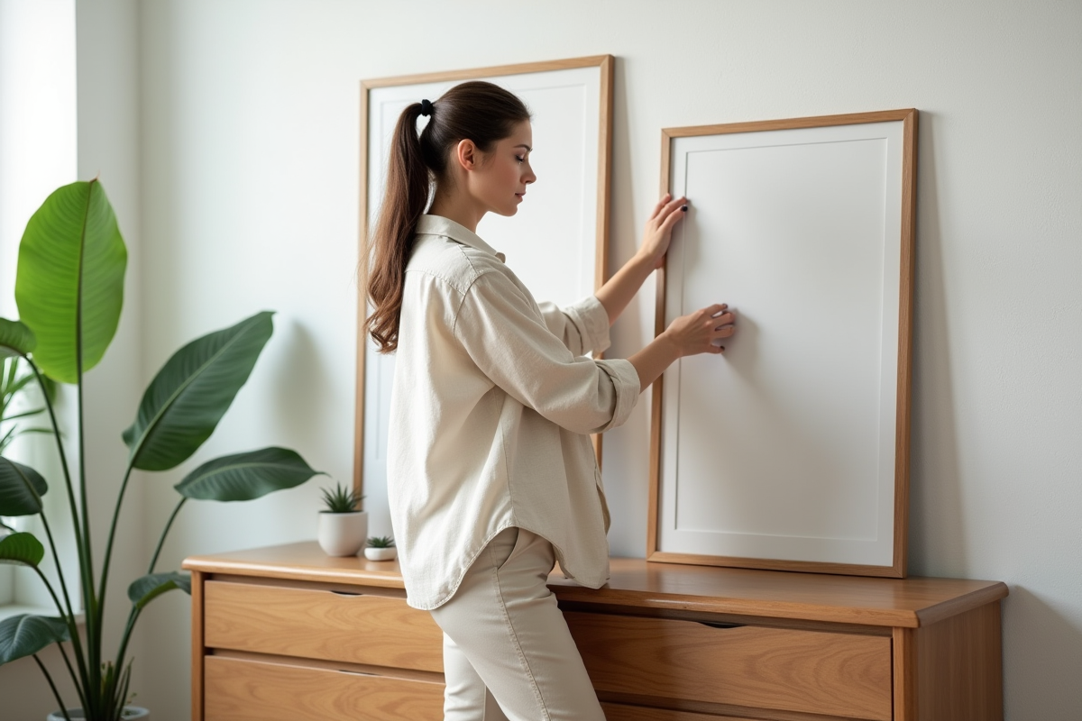 Femme arrangeant des œuvres d'art dans un salon lumineux