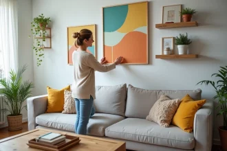 Femme arrangeant des œuvres d'art colorées dans un salon moderne