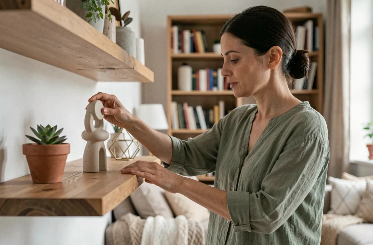 Femme décorant une étagère avec une statue en céramique dans un salon de style scandinave