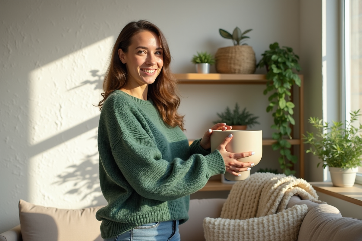 Femme souriante décorant un intérieur moderne et lumineux