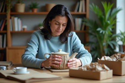 Femme emballant une théière en céramique avec du carton recyclé