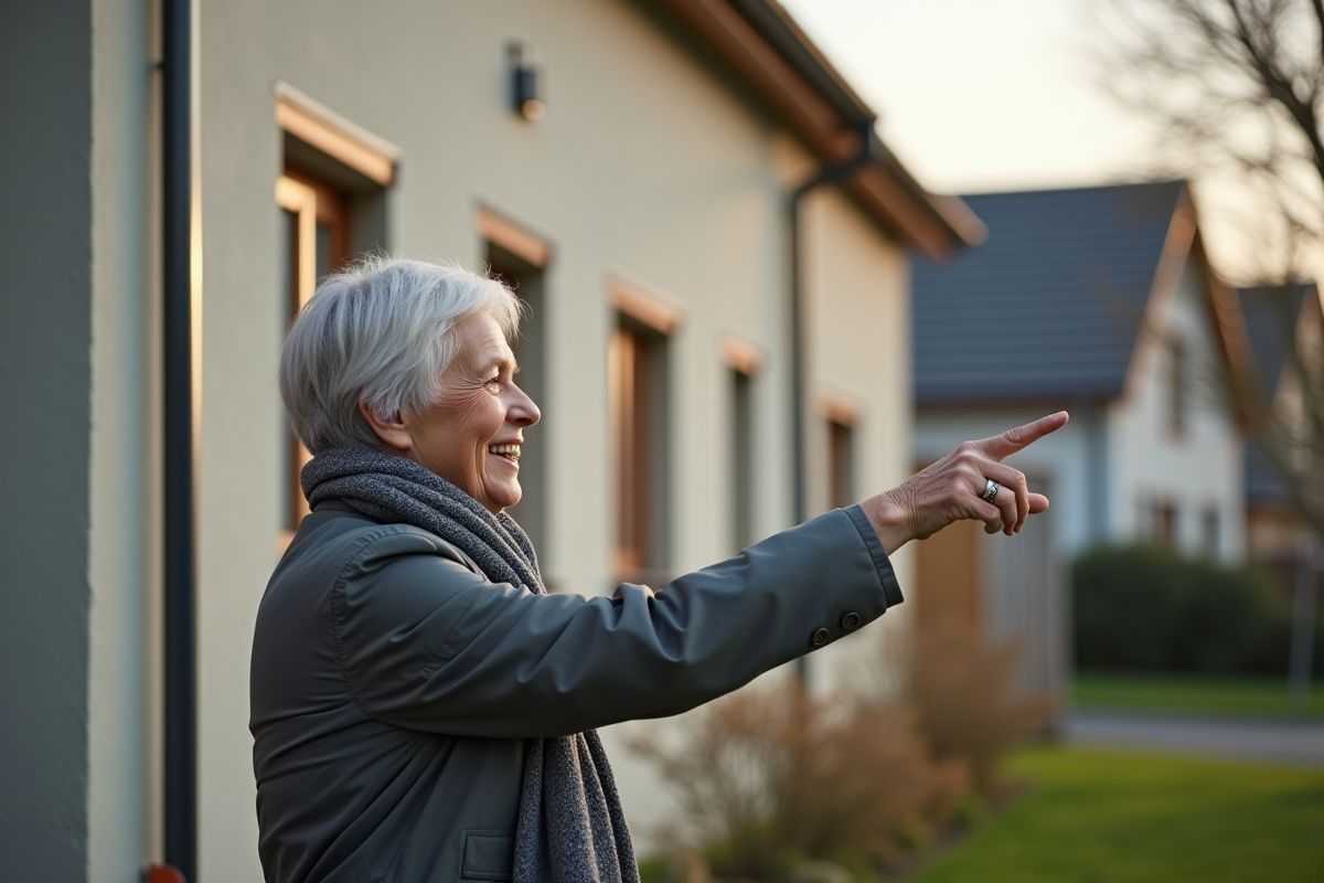 Femme souriante pointant une façade rénovée dans un quartier calme