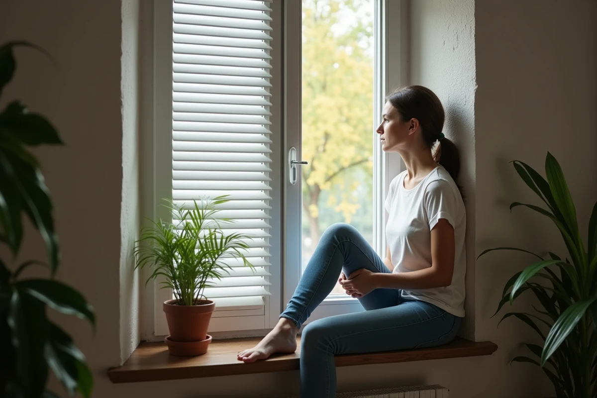 Jeune femme regardant une fenêtre avec volet défectueux dans un appartement cosy
