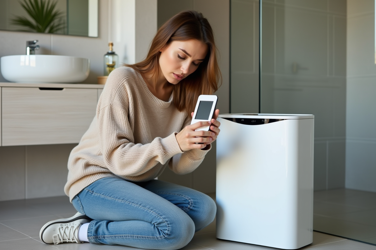 Jeune femme vérifiant un hygromètre dans la salle de bain