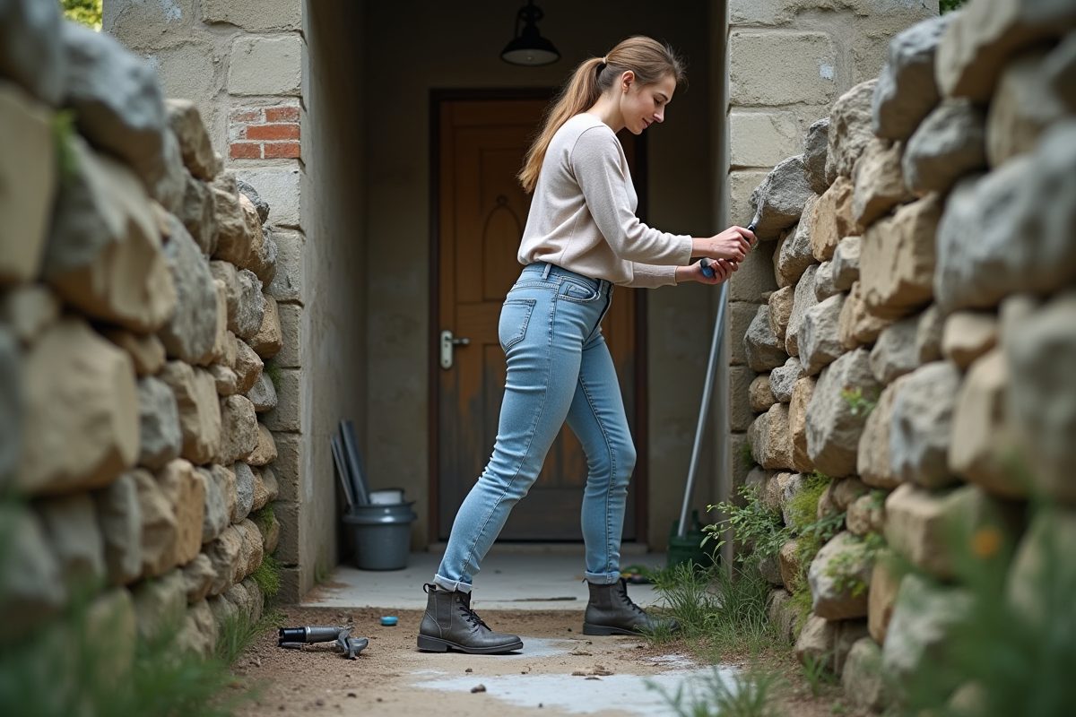 Femme applique un enduit d