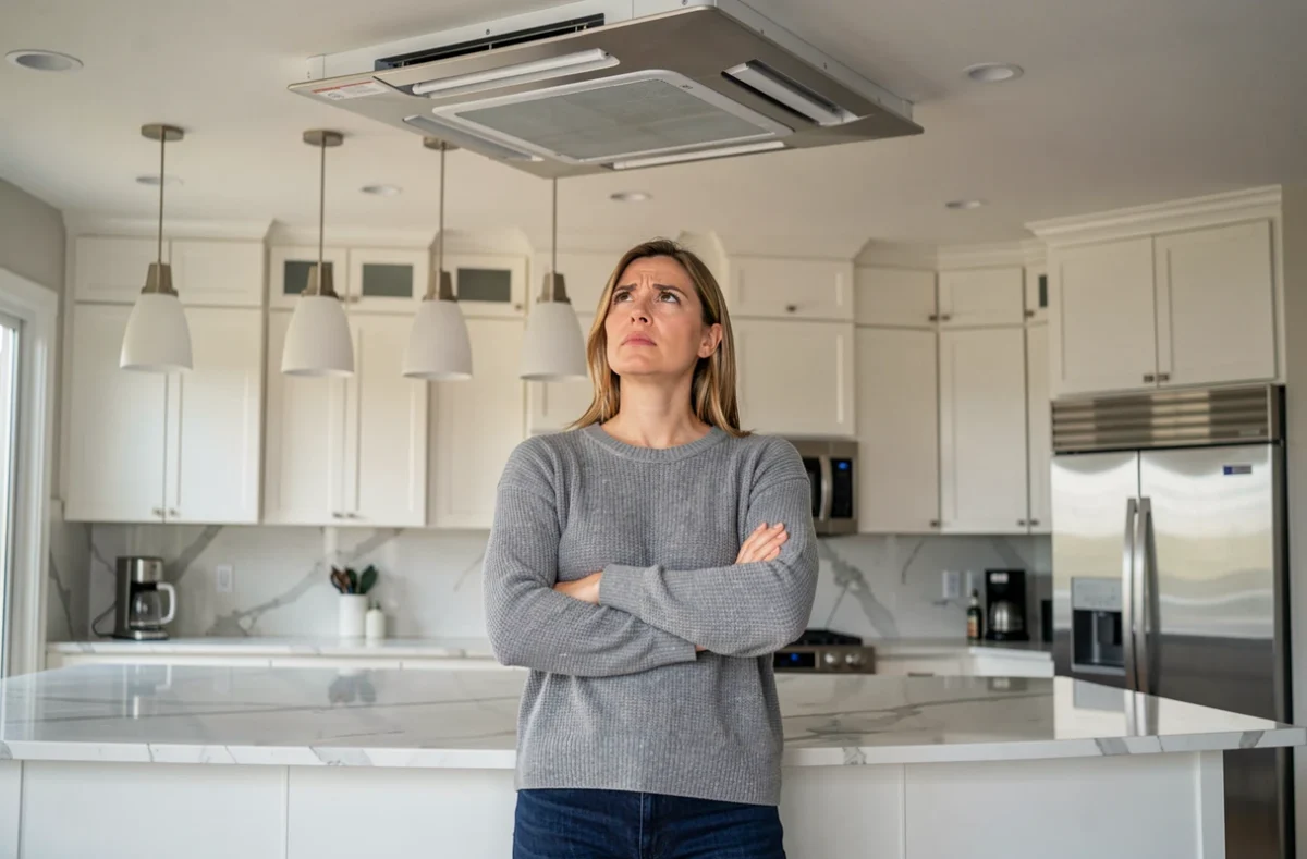 Femme préoccupée observant une unité intérieure de pompe à chaleur cassette au plafond de sa cuisine