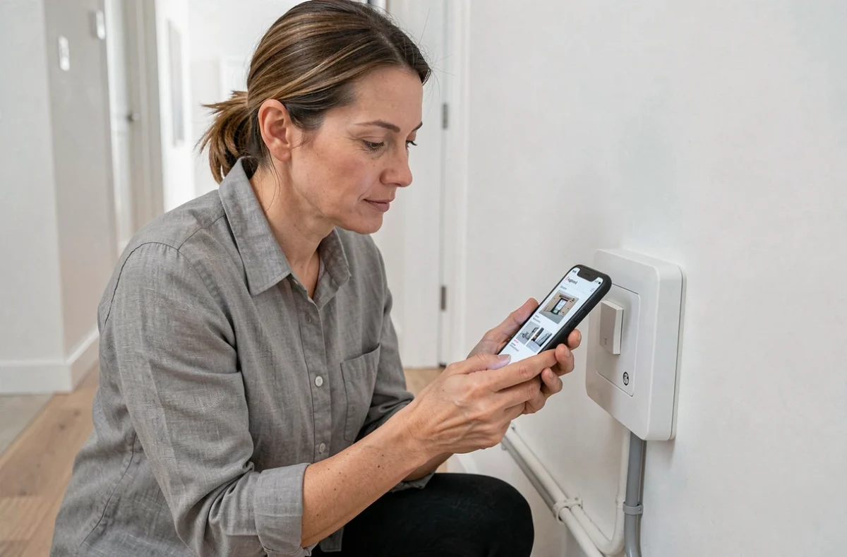 Femme bricolant l'installation d'un interrupteur poussoir Legrand dans un couloir en consultant un tutoriel sur smartphone