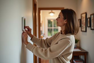 Femme installant un thermostat intelligent dans un intérieur moderne
