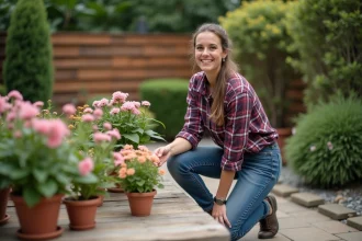 Femme souriante arrangeant des fleurs dans le jardin