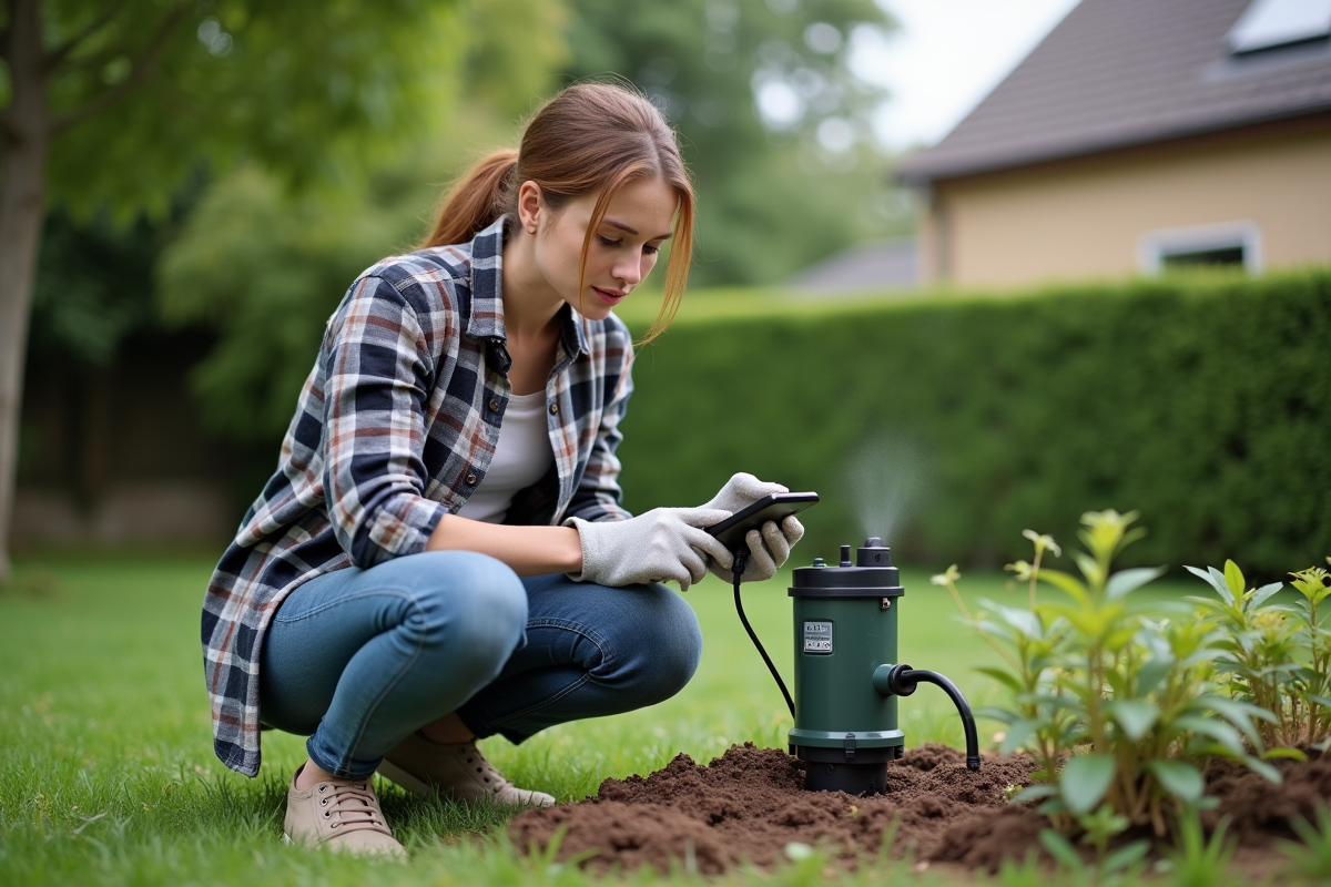 Jeune femme utilisant un compteur d énergie sur une pompe de jardin