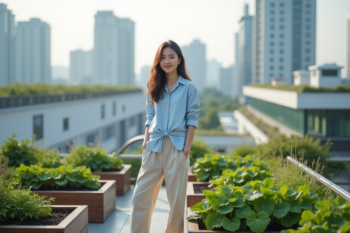 Jeune femme dans un jardin urbain sur un toit