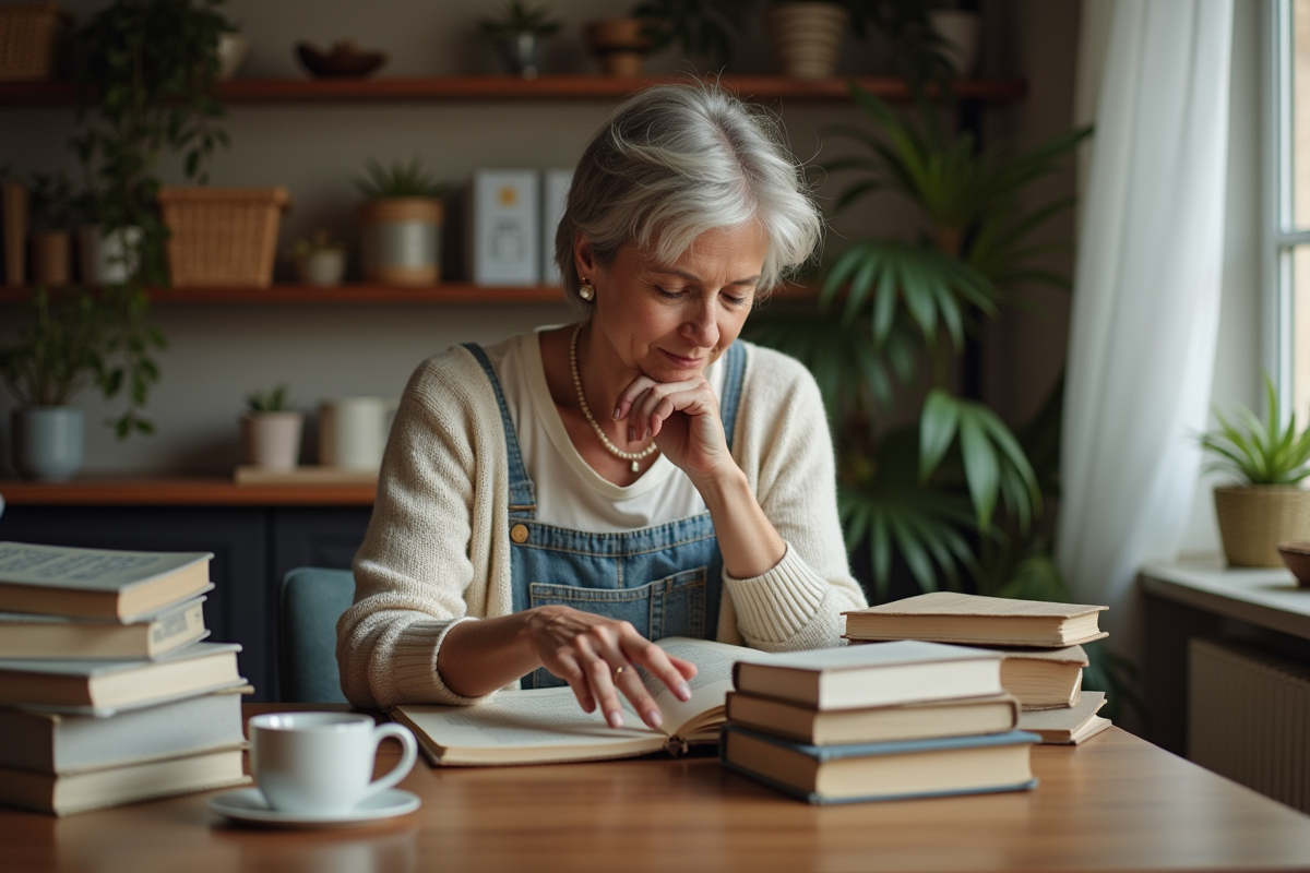 Femme d'âge moyen triant des livres anciens dans un appartement cosy