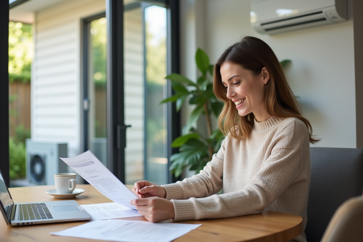 Jeune femme à la maison examine des formulaires fiscaux