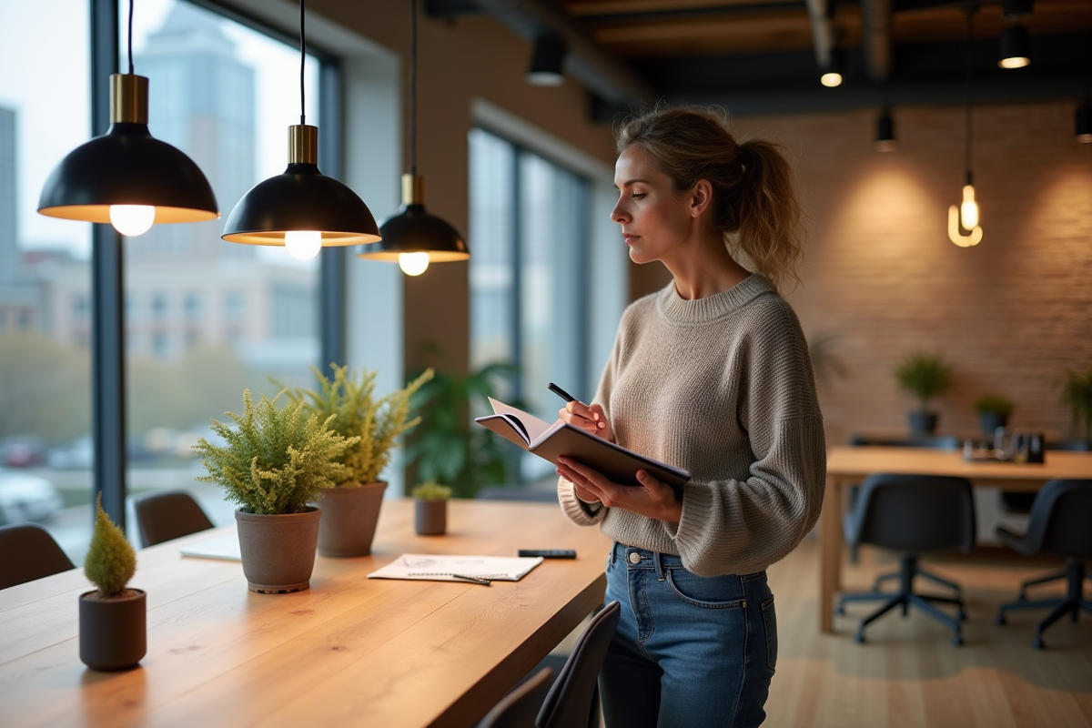 Femme observant des luminaires dans un salon moderne