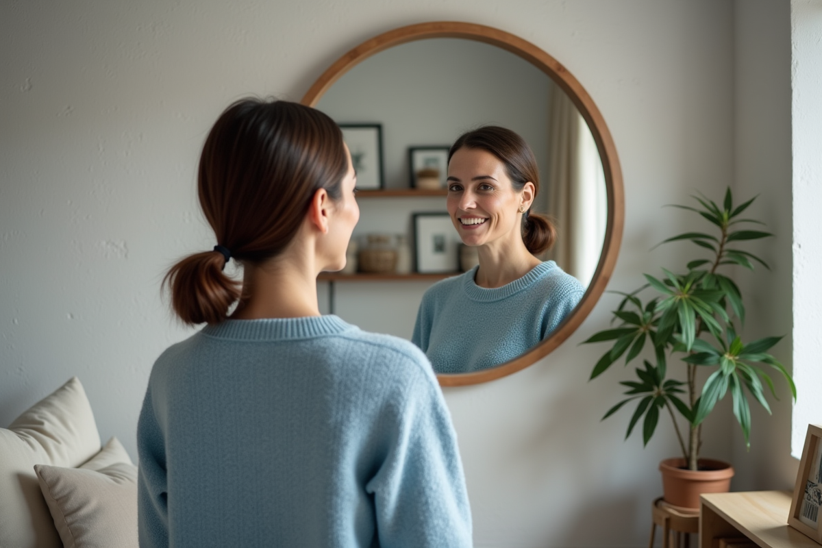 Femme réfléchissant dans un miroir rond en intérieur scandinave